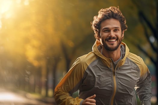 Man running outdoor during workout on autumn day. Man jogging in park. Active man. Cardio training. Physical fitness. Cardio workout. Healthy lifestyle. Daily routine. Body exercises