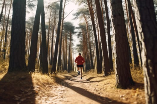 Woman jogging in forest on autumn day. Running at sunset. Active person. Cardio training. Physical fitness. Cardio workout. Healthy lifestyle. Daily routine for active person. Body exercising