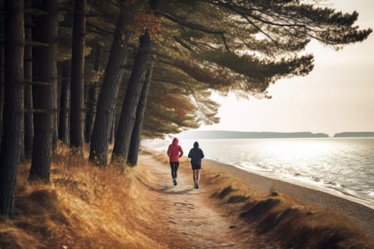 Man and woman jogging at the seaside. Male and female running by the sea. Active people. Cardio training. Physical fitness. Cardio workout. Healthy lifestyle. Daily routine of active people. Body exercising close to nature