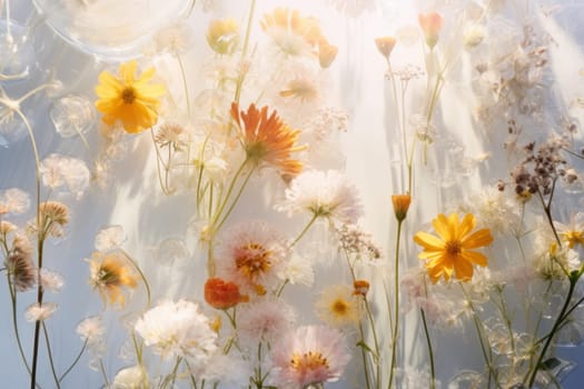 Wild flowers in clear water. Floral background. Natural composition. Botanical wallpaper. Natural decoration with field flowers blue water. Blossom composition