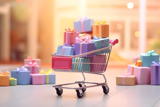 Metal supermarket shopping cart full of different colorful presents, gift boxes. Big sale banner concept