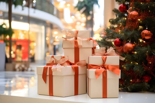 Big, huge colorful pile of Christmas gift boxes in festive golden wrapping paper with red ribbon, bow. Stack of different New Year presents for holiday. Many various giftbox packages on large heap