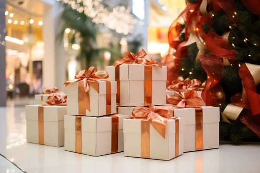 Big, huge pile of Christmas gift boxes in festive golden wrapping paper with red ribbon, bow. Stack of different New Year presents. Various giftbox packages on large heap on floor of shopping center