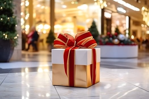 Christmas gift box in festive golden wrapping paper with red ribbon, bow. New Year present for holiday. Giftbox package on floor of shopping center room. Christmas sales, preparation concept