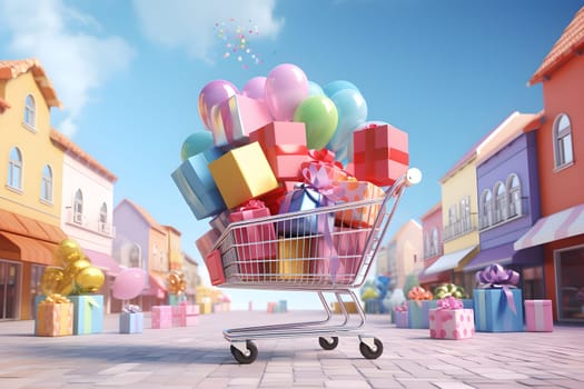 Metal supermarket shopping cart full of different colorful presents, gift boxes. Big sale banner concept