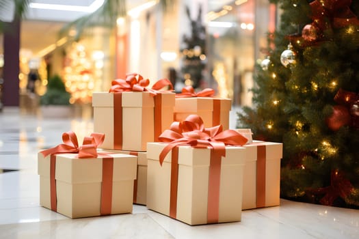 Big, huge colorful pile of Christmas gift boxes in festive golden wrapping paper with red ribbon, bow. Stack of different New Year presents for holiday. Fir tree on floor in shopping center room