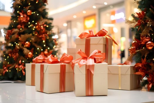Pile of Christmas gift boxes in golden paper with red ribbon. Stack of New Year presents. Many various giftbox packages on large heap. Fir tree on floor in shopping center room. Mountain of Xmas gifts