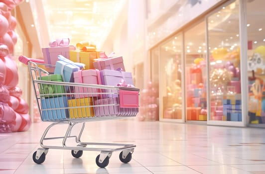 Metal supermarket shopping cart full of different colorful presents, gift boxes. Big sale banner concept