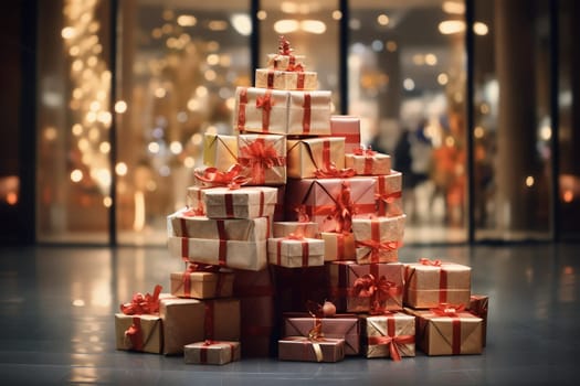 Big, huge pile of Christmas gift boxes in golden wrapping paper, red ribbon, bow. Stack of New Year presents. Many giftbox packages on large heap on floor of shopping center, ma . Mountain of gifts