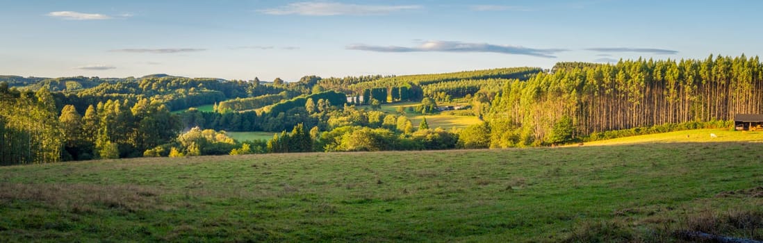 Panorama view on the rural agricultural meadows of Galicia in Spain