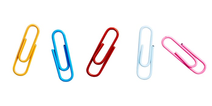 Colorful paper clips isolated over white background. Business office  and school stationary supplies.