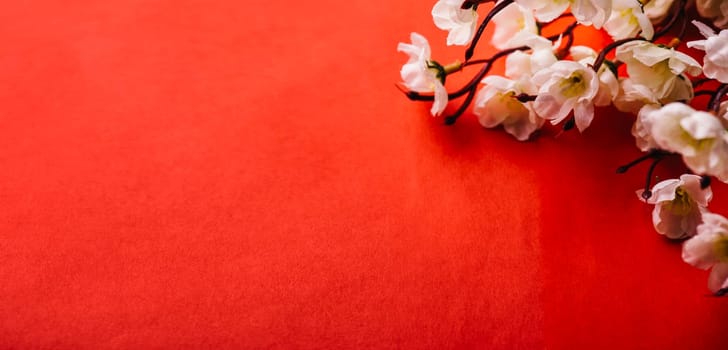 Spring cherry  blossom border over red paper background with copyspace. Chinese new year nature design. Flower decor for traditional asian spring festival. Lunar new year celebration.