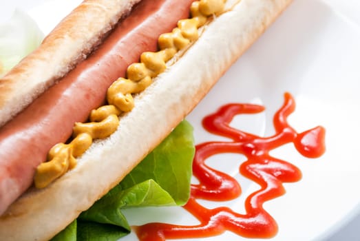 Hot dog with mustard and ketchup on white plate. Closeup of american hotdog. Fast food restaurant menu.