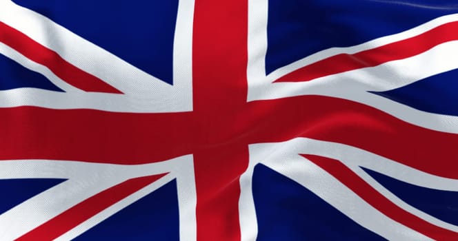 Close-up of national flag of the United Kingdom waving in the wind. 3d illustration render. Textured rippling fabric background