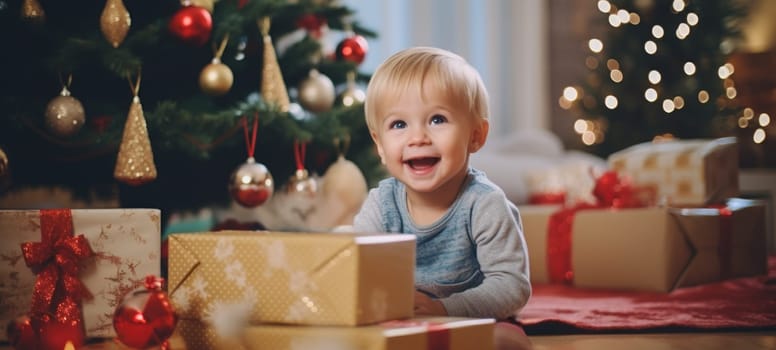 5 years old blonde boy child getting xmas gift present christmas tree, ai