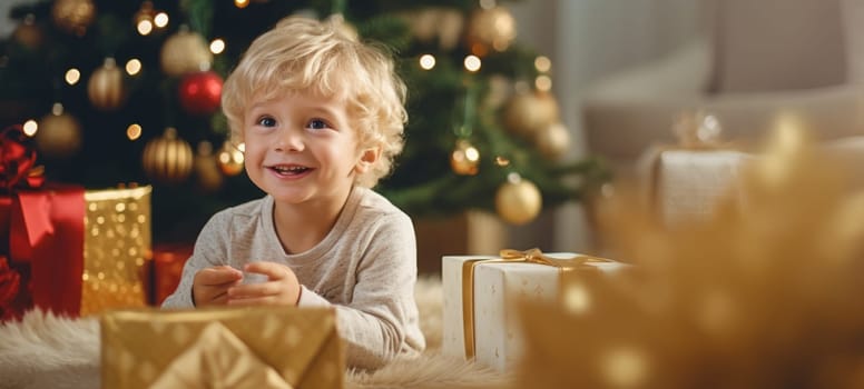 5 years old blonde boy child getting xmas gift present christmas tree, ai
