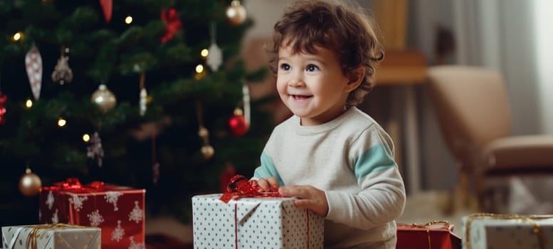5 years old boy child getting xmas gift present christmas tree, ai
