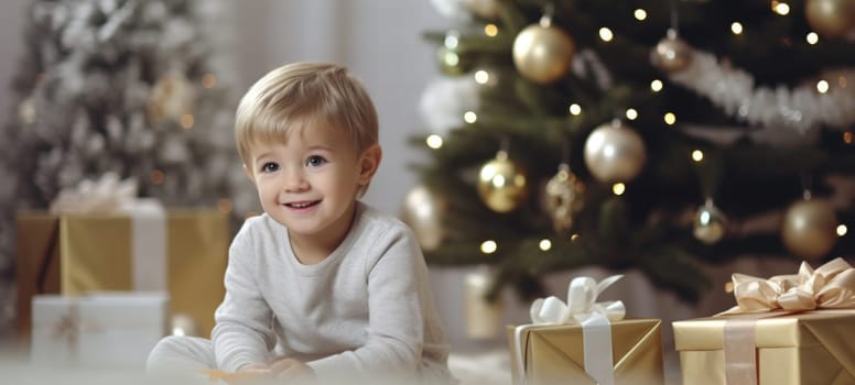 5 years old blonde boy child getting xmas gift present christmas tree, ai
