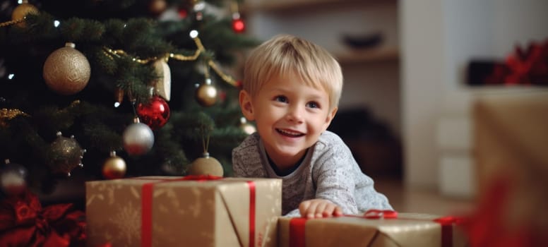 5 years old blonde boy child getting xmas gift present christmas tree, ai