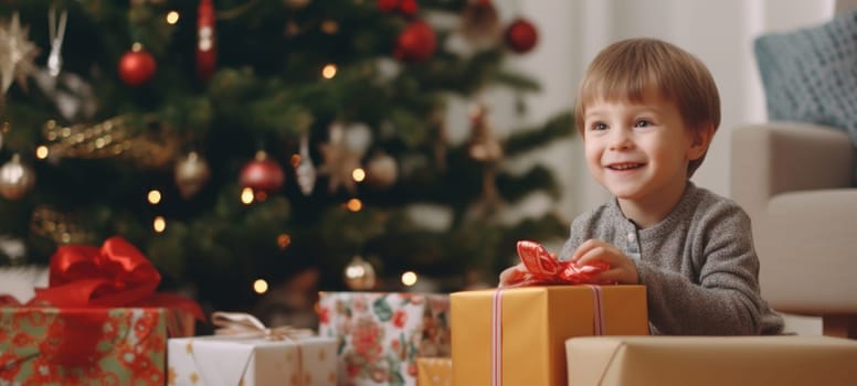 5 years old boy child getting xmas gift present christmas tree, ai