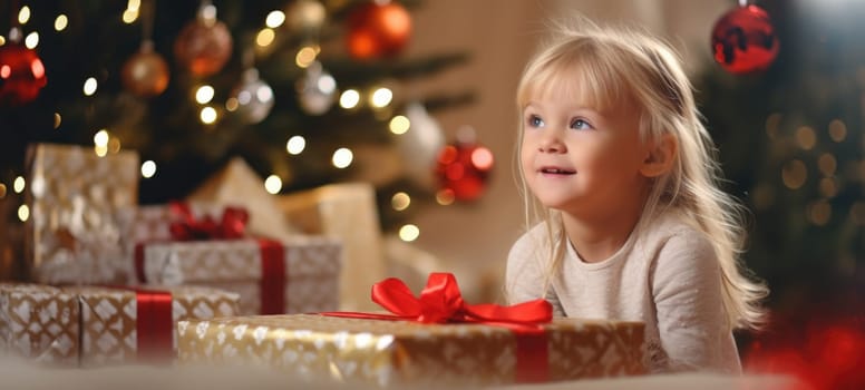 5 years old blonde girl child getting xmas gift present christmas tree, ai