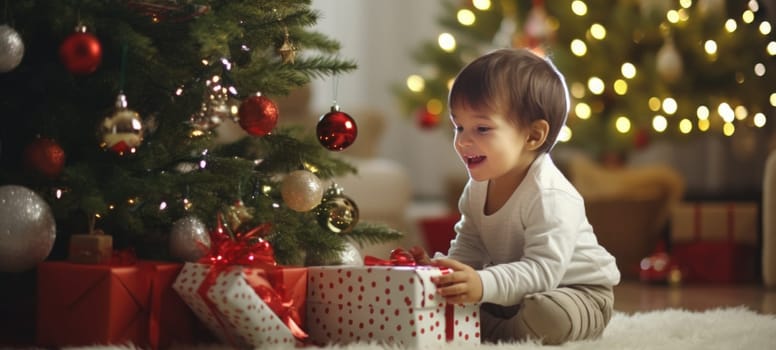 5 years old boy child getting xmas gift present christmas tree, ai