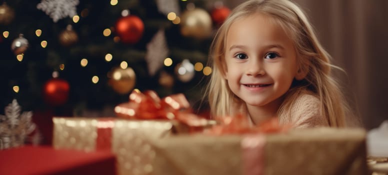 5 years old blonde girl child getting xmas gift present christmas tree, ai