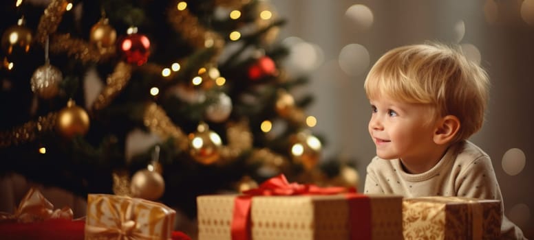 5 years old blonde boy child getting xmas gift present christmas tree, ai