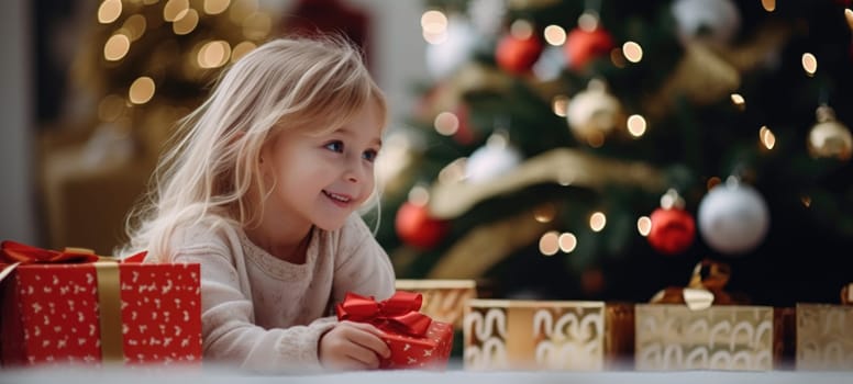 5 years old blonde girl child getting xmas gift present christmas tree, ai