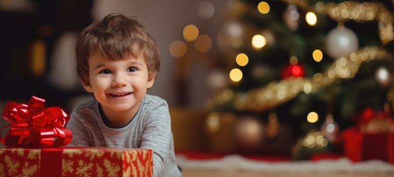 5 years old boy child getting xmas gift present christmas tree, ai