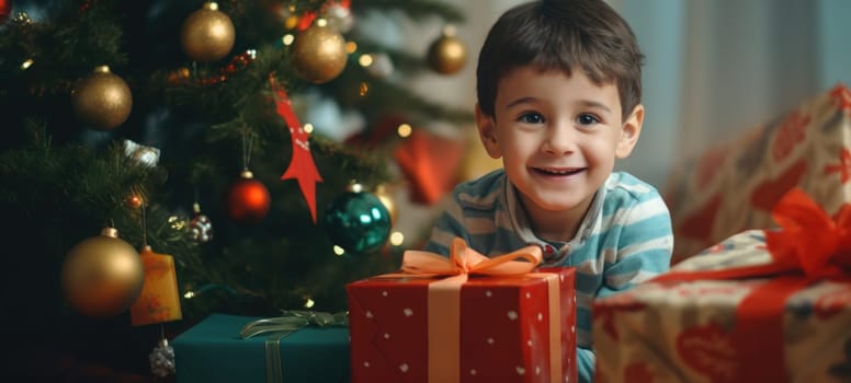 5 years old boy child getting xmas gift present christmas tree, ai