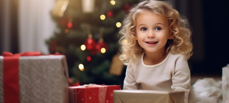 5 years old blonde girl child getting xmas gift present christmas tree, ai