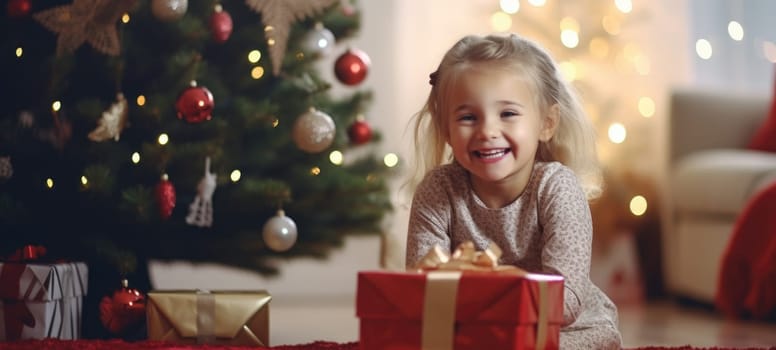5 years old blonde girl child getting xmas gift present christmas tree, ai