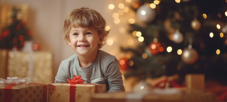 5 years old boy child getting xmas gift present christmas tree, ai
