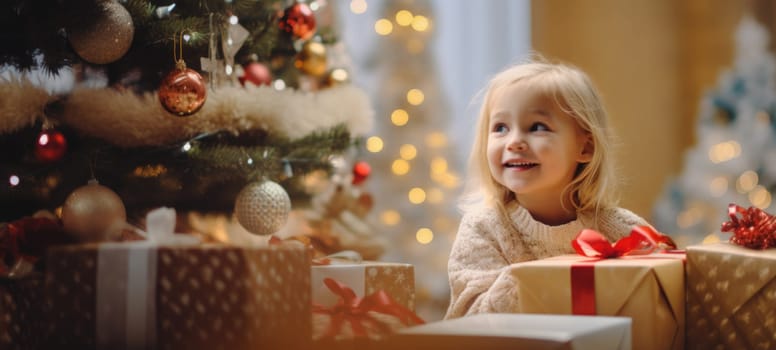 5 years old blonde girl child getting xmas gift present christmas tree, ai