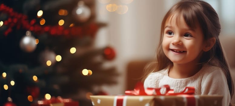 5 years old girl child getting xmas gift present christmas tree, ai