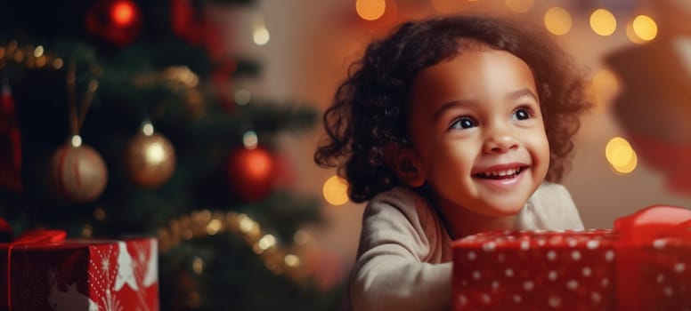 5 years old girl child getting xmas gift present christmas tree, ai
