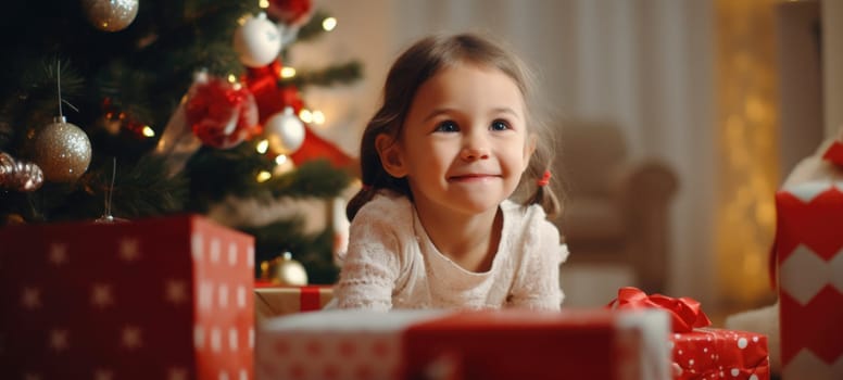 5 years old girl child getting xmas gift present christmas tree, ai