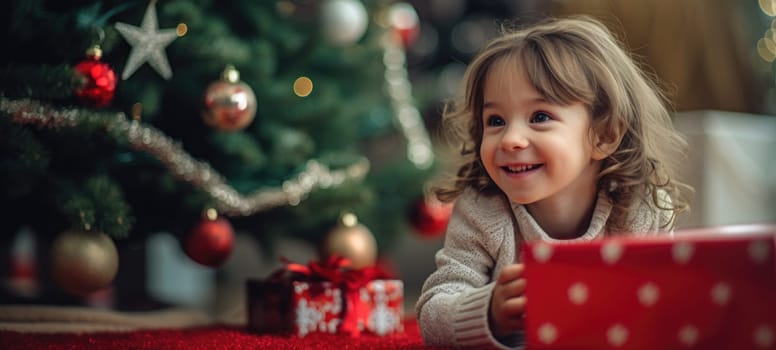 5 years old girl child getting xmas gift present christmas tree, ai