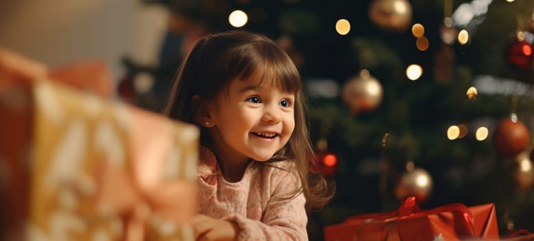 5 years old girl child getting xmas gift present christmas tree, ai