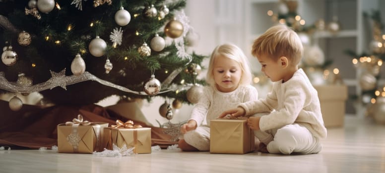 5 years old blonde girl and boy children getting xmas gift present christmas tree, ai