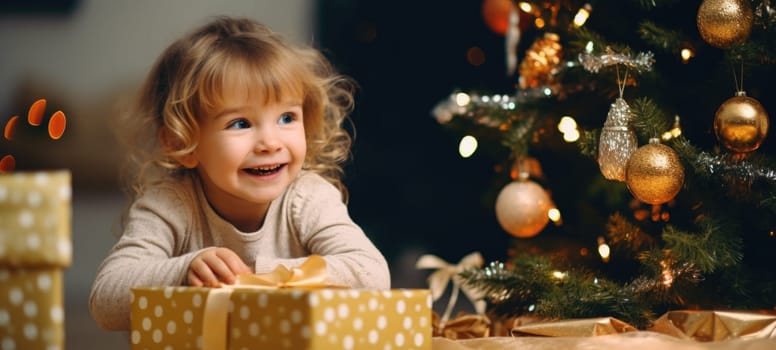 5 years old blonde girl child getting xmas gift present christmas tree, ai