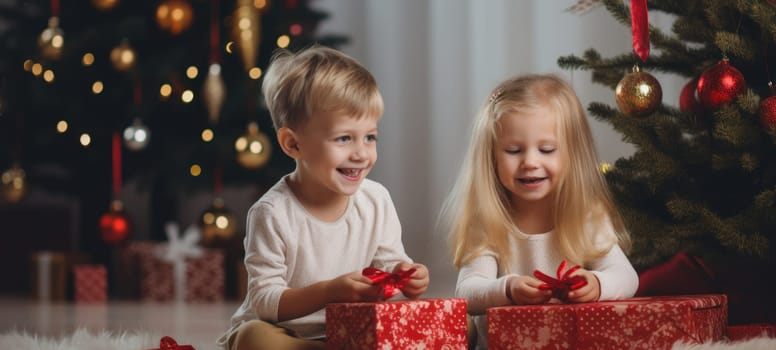 5 years old blonde girl and boy children getting xmas gift present christmas tree, ai