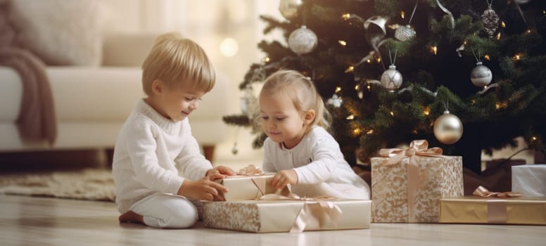 5 years old blonde girl and boy children getting xmas gift present christmas tree, ai