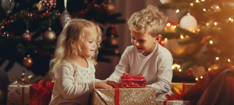 5 years old blonde girl and boy children getting xmas gift present christmas tree, ai