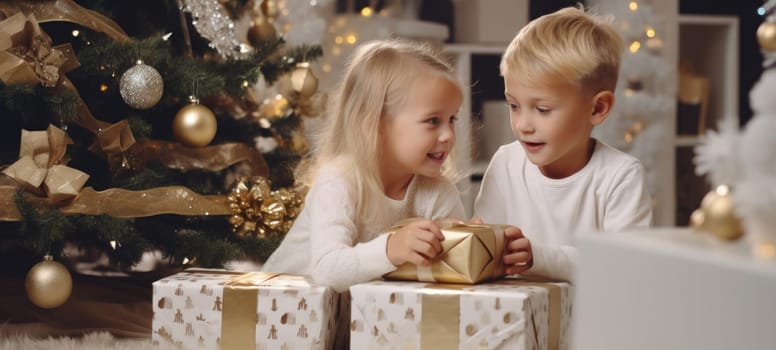 5 years old blonde girl and boy children getting xmas gift present christmas tree, ai