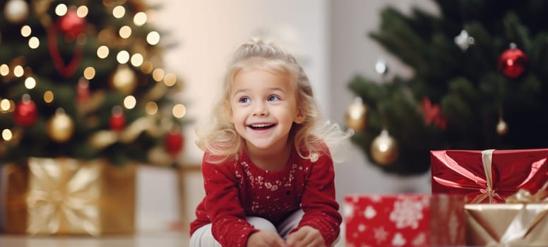 5 years old blonde girl child getting xmas gift present christmas tree, ai