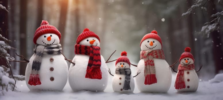 family snowman with scarf in snow forest greeting card xmas christmas