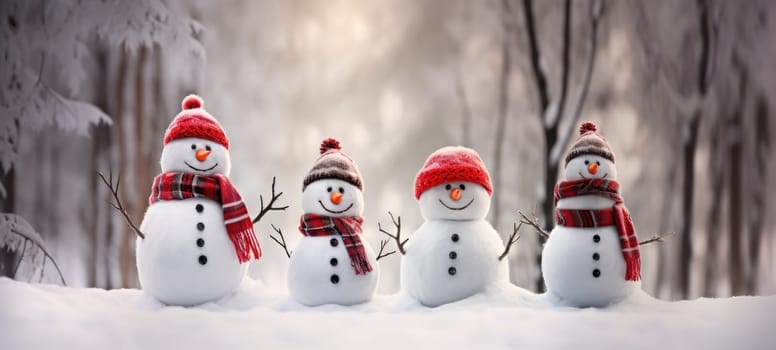 family snowman with scarf in snow forest greeting card xmas christmas