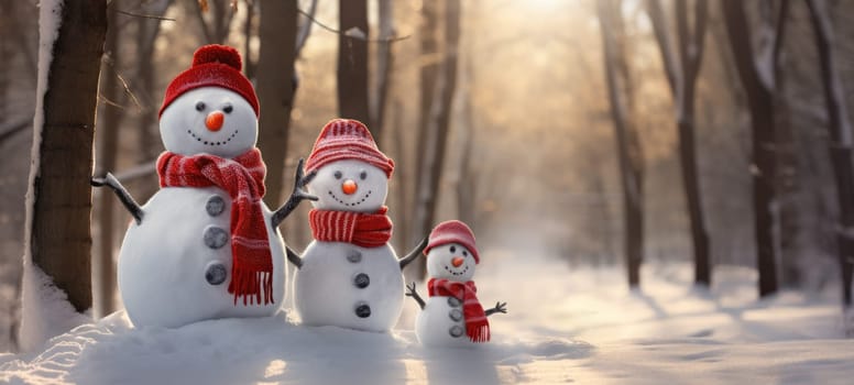family snowman with scarf in snow forest greeting card xmas christmas